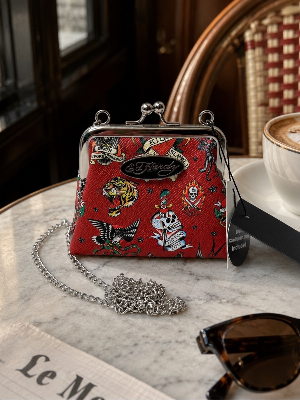 NWT Ed Hardy Red Tattoo Kisslock Chain Coin Purse Y2K